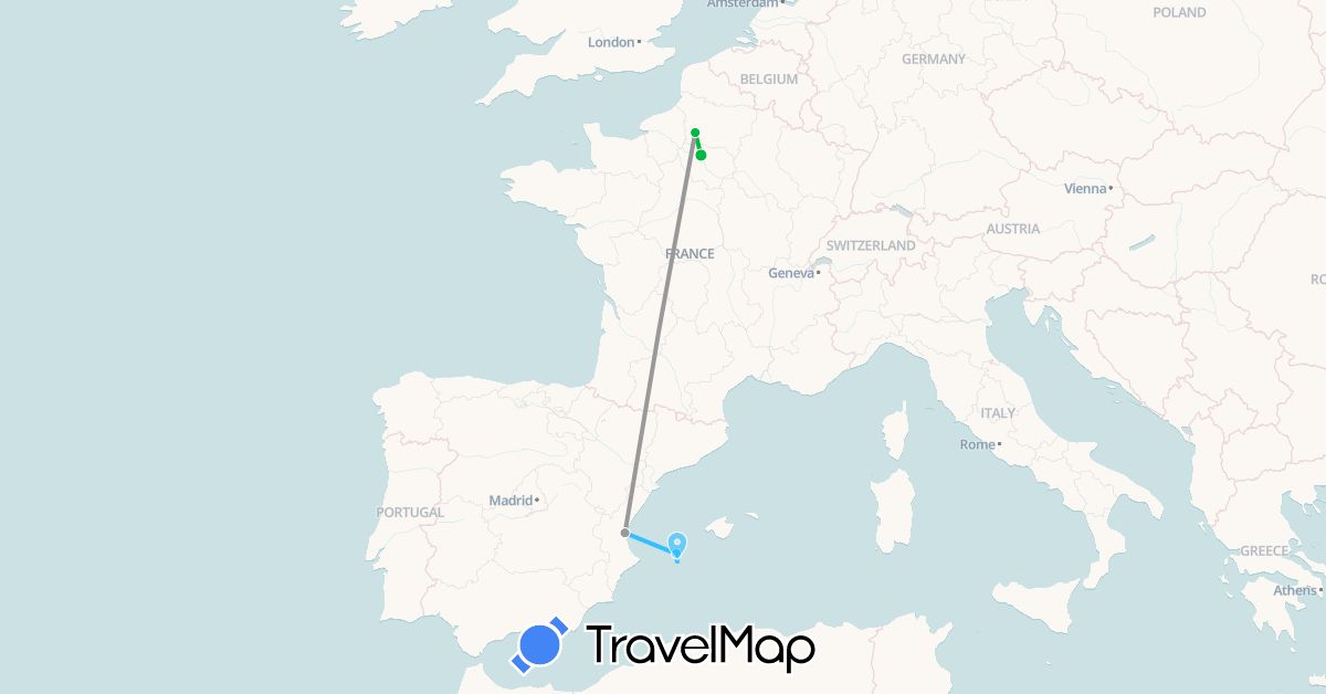 TravelMap itinerary: bus, plane, boat in Spain, France (Europe)